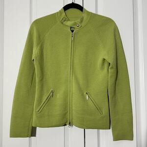 Talbots Moto Sweater Small Lime Green Merino Wool Full Zip Chic Knit